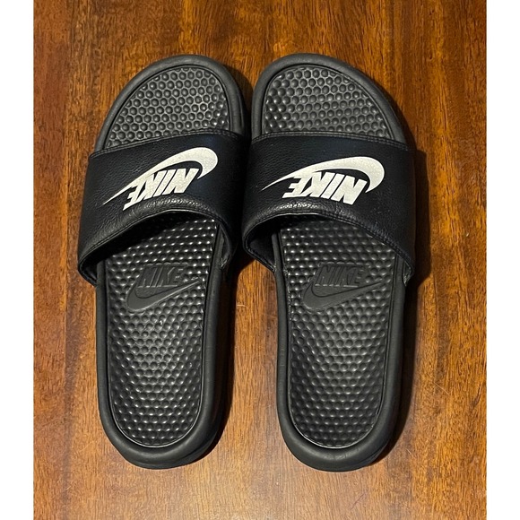 Nike Slides Mens Size 10‎ Black White Logo Comfort Sandals Slip On Casual - Picture 4 of 6